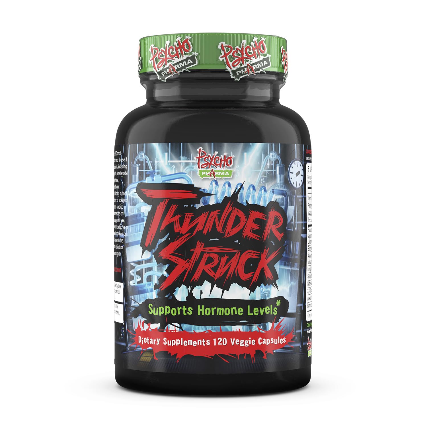 Psycho Pharma Thunderstruck bottle closeup showing branding and capsules for lean muscle use