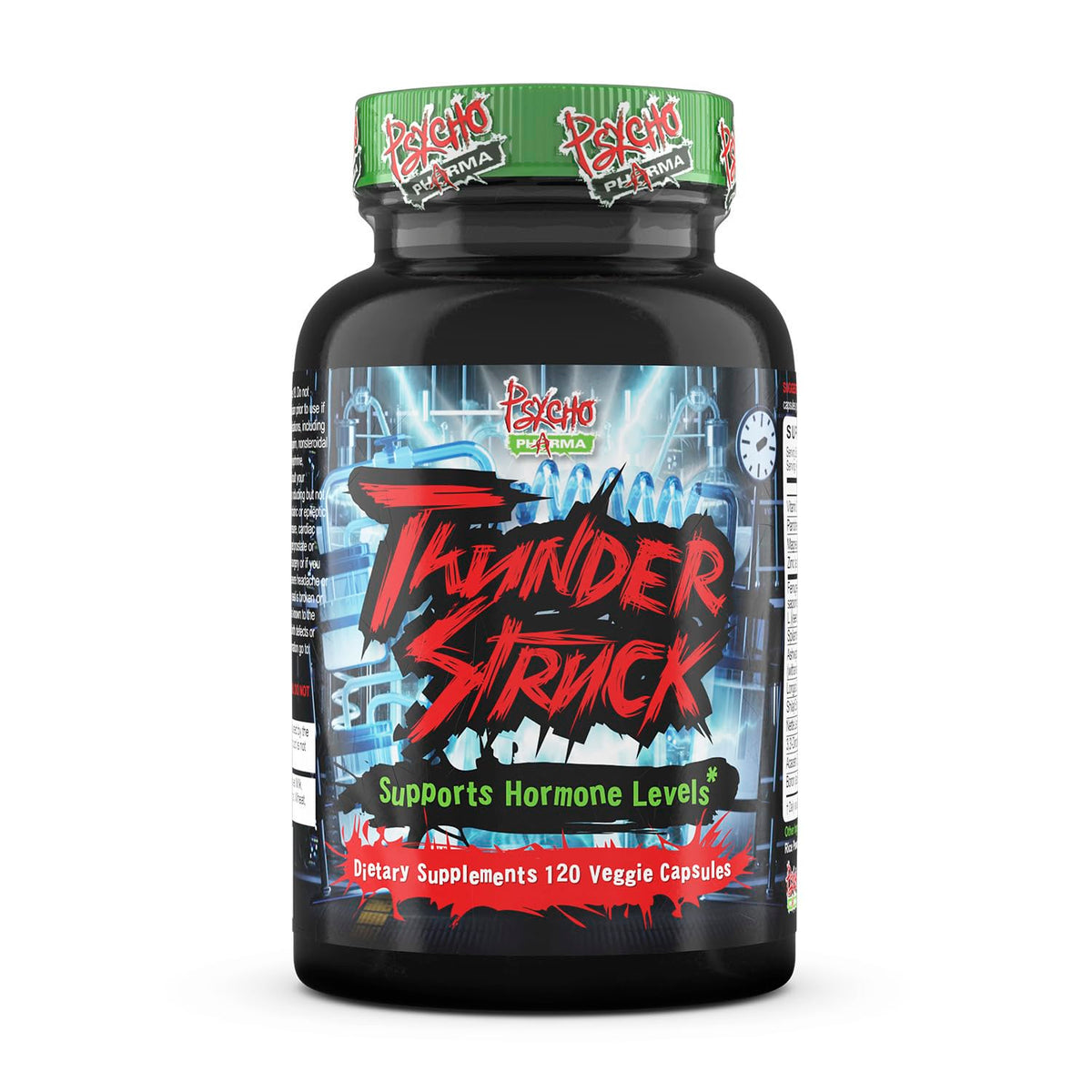 Psycho Pharma Thunderstruck bottle closeup showing branding and capsules for lean muscle use