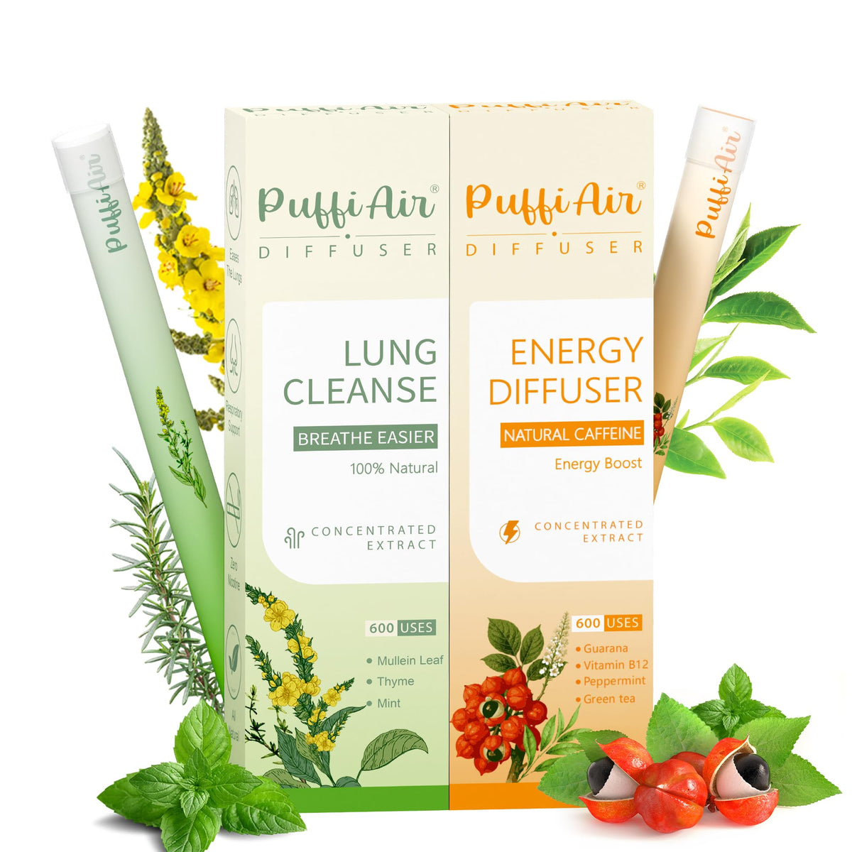 PUFFIAIR Focus Energy Duo Diffuser Pens shown together for balanced daily moments.