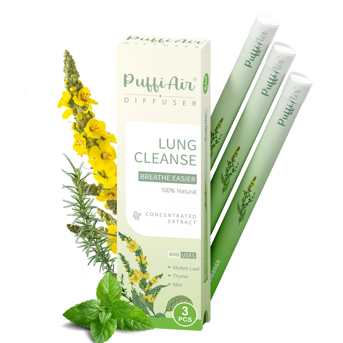 PUFFIAIR herbal diffuser pen with mullein-thyme-mint for smoother breathing