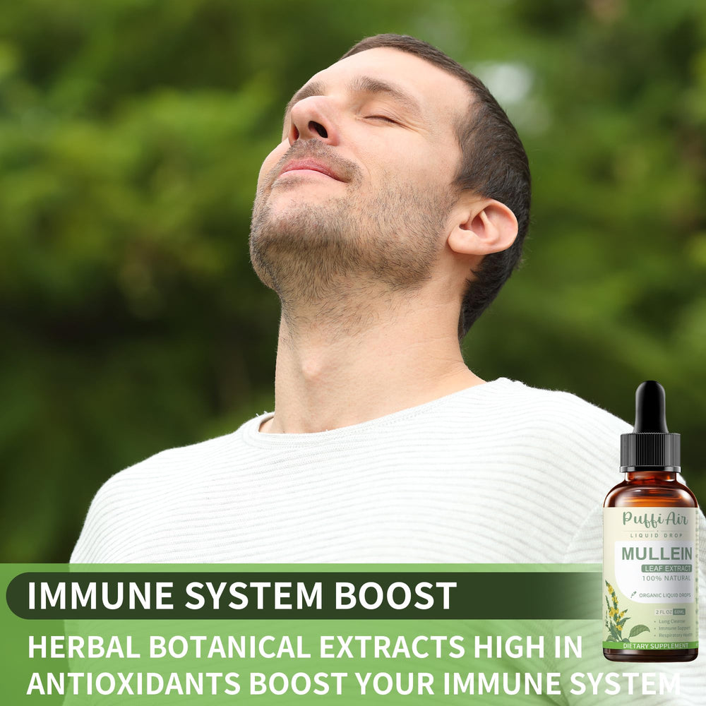 PUFFIAIR Mullein Drops amber bottle signaling natural plant-based ingredients.