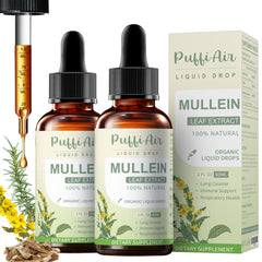 PUFFIAIR Mullein Drops bottle front view highlighting plant-based formula for respiratory comfort