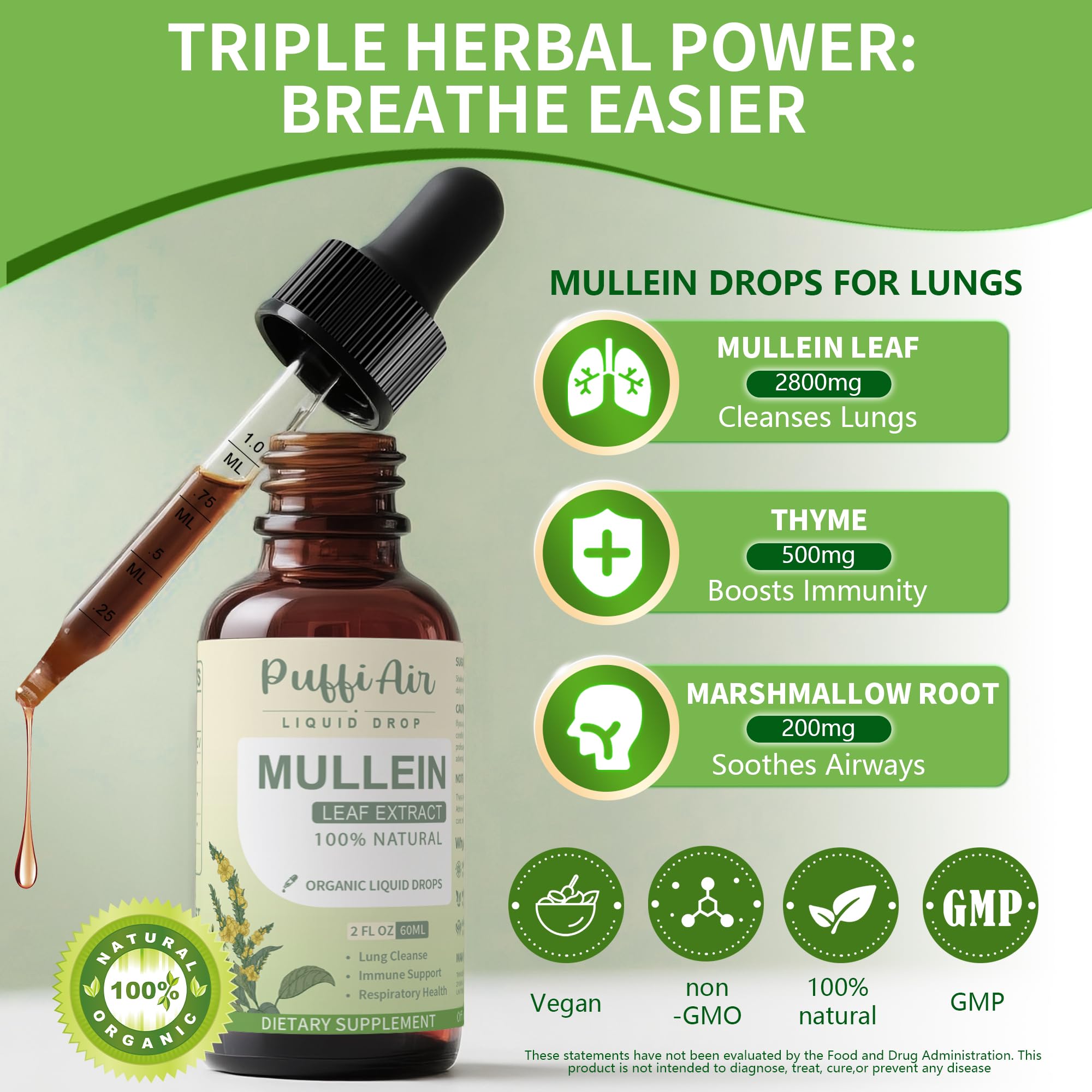 PUFFIAIR Mullein Drops drops being stirred into tea for daily use
