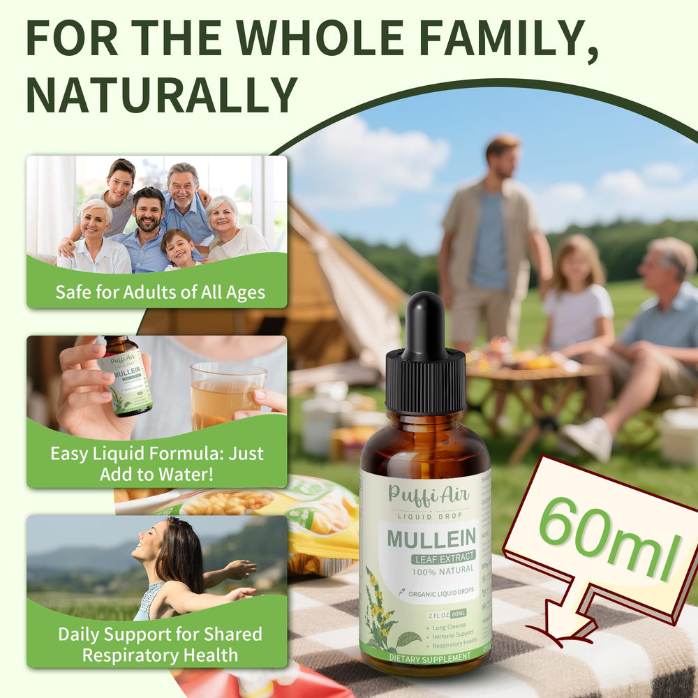 PUFFIAIR Mullein Drops lifestyle shot emphasizing one-month supply