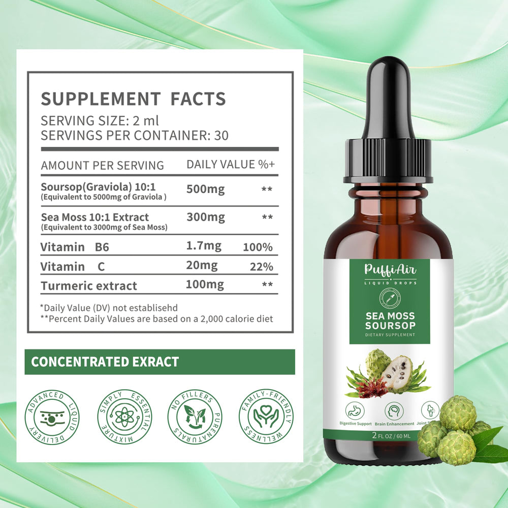 PUFFIAIR Soursop Sea Moss liquid drop in a glass, ready to mix