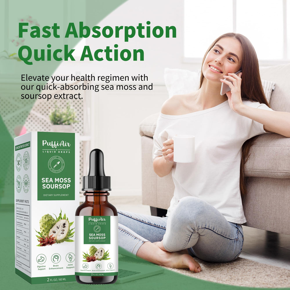 PUFFIAIR Soursop Sea Moss liquid drop label shows vegan, natural ingredients