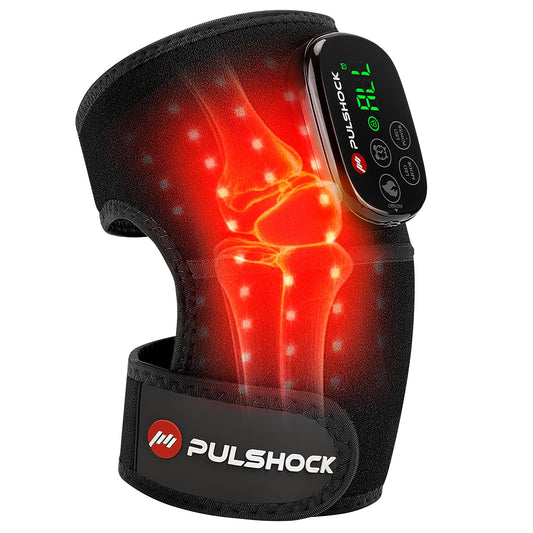 Pulshock red light knee brace front view shows ergonomic joint fit.