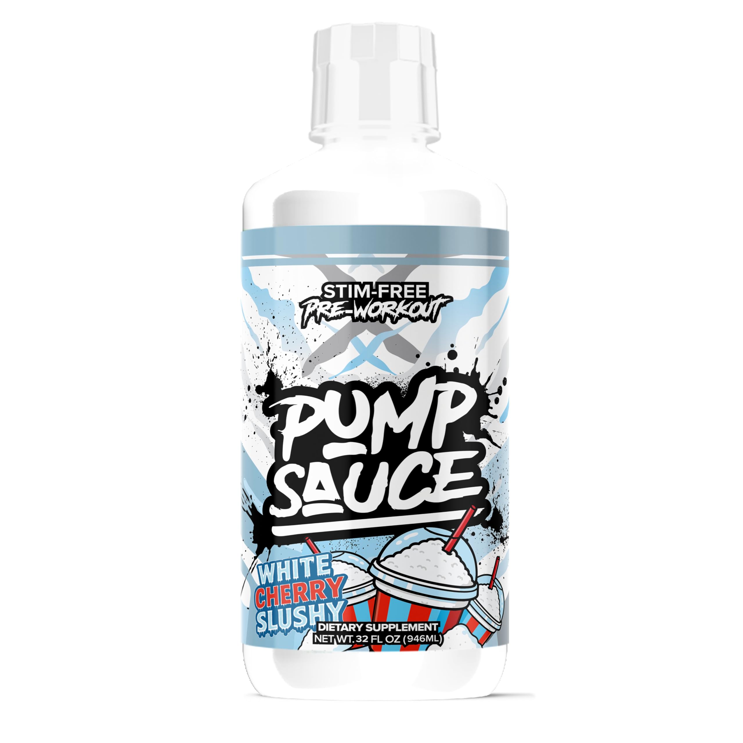 Pump Sauce bottle in White Cherry flavor, caffeine-free pre-workout option for pumps.