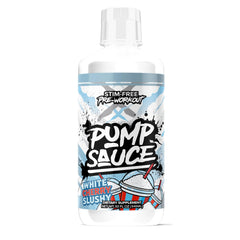 Pump Sauce bottle in White Cherry flavor, caffeine-free pre-workout option for pumps.
