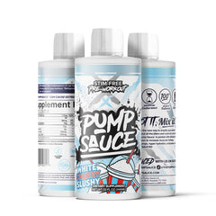 Pump Sauce label highlights vegan, gluten-free, and zero sugar benefits for athletes.