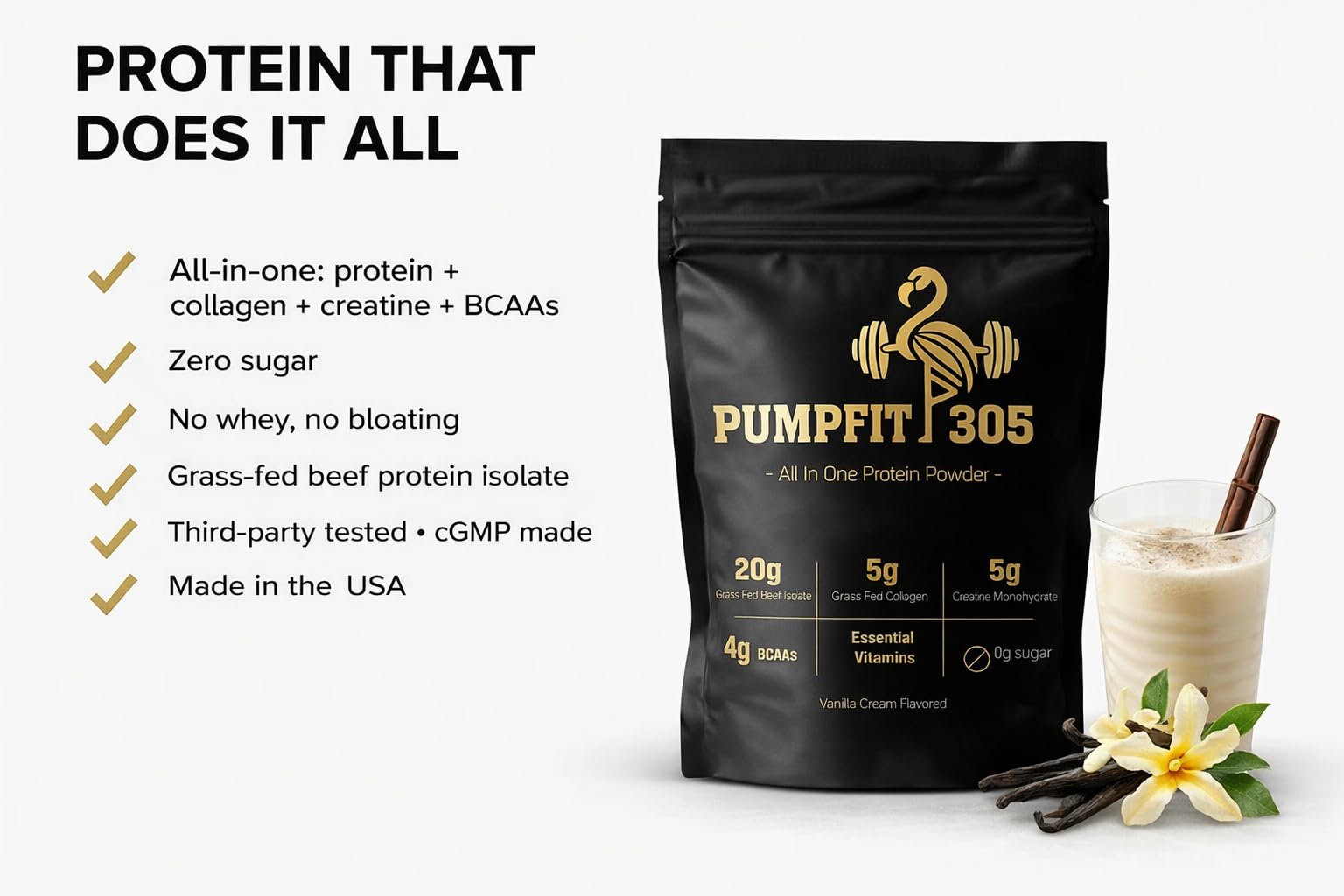 PUMPFIT305 Grass-fed beef protein scoop highlighting a clean ingredient blend