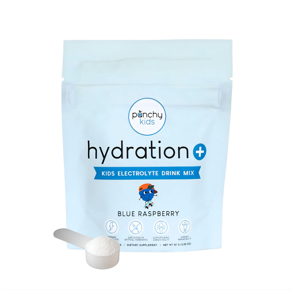 Punchy Kids Hydration+ electrolytes Blue Raspberry scoop for quick on-the-go hydration.