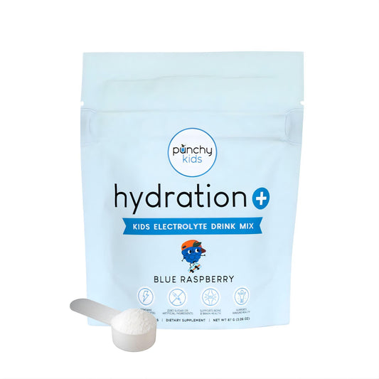 Punchy Kids Hydration+ electrolytes Blue Raspberry scoop for quick on-the-go hydration.