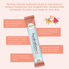 Punchy Kids Hydration+ Melon Splash dissolving in water for a refreshing sip.