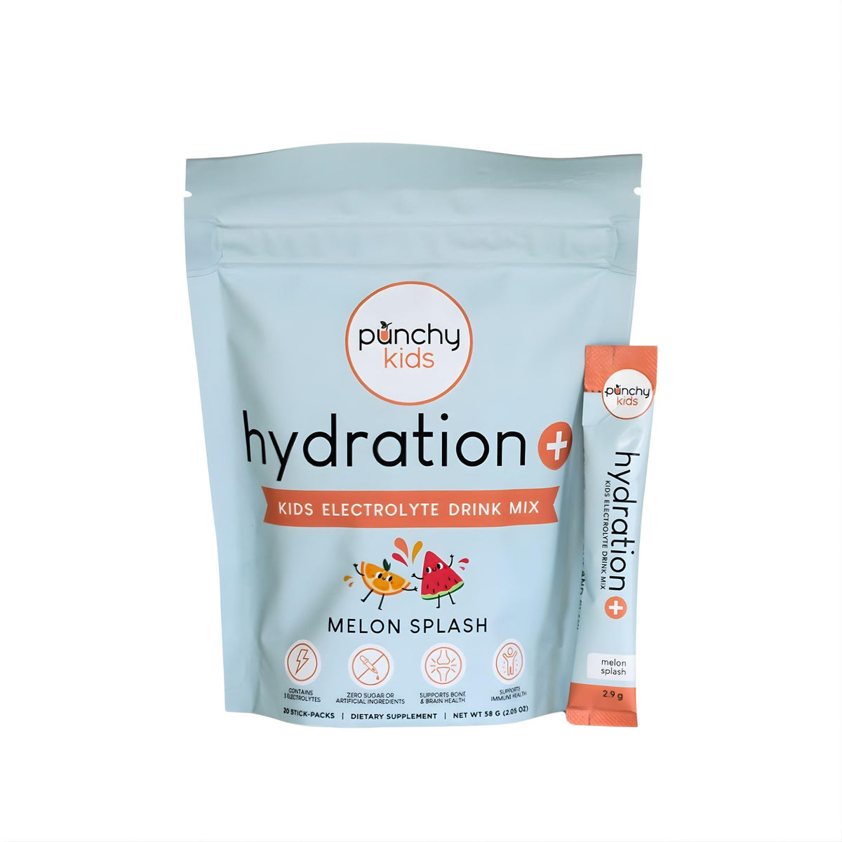 Punchy Kids Hydration+ Melon Splash stick pack for quick hydration on the go.