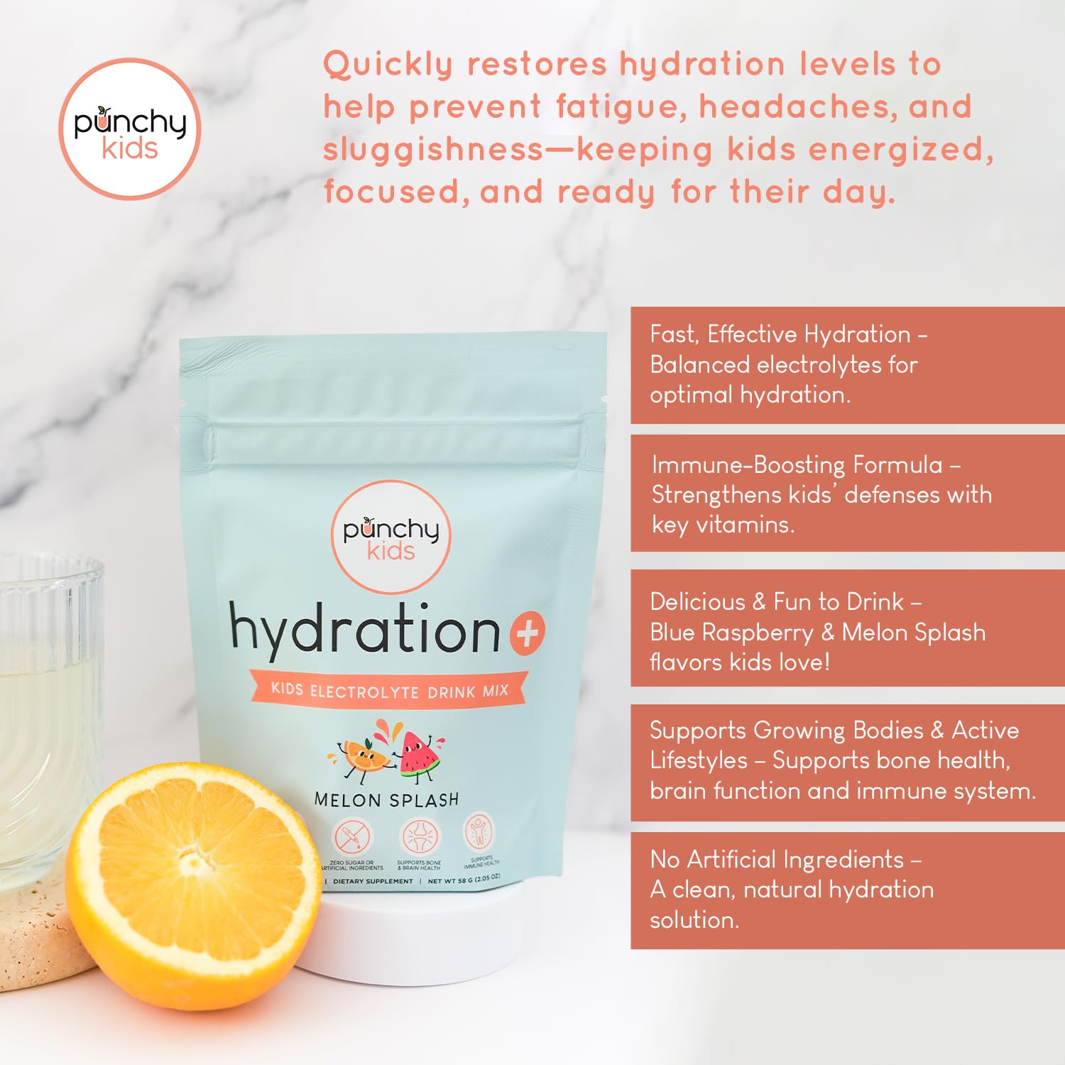 Close-up of Punchy Kids Melon Splash bottle highlighting electrolytes and vitamins