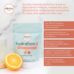 Close-up of Punchy Kids Melon Splash bottle highlighting electrolytes and vitamins