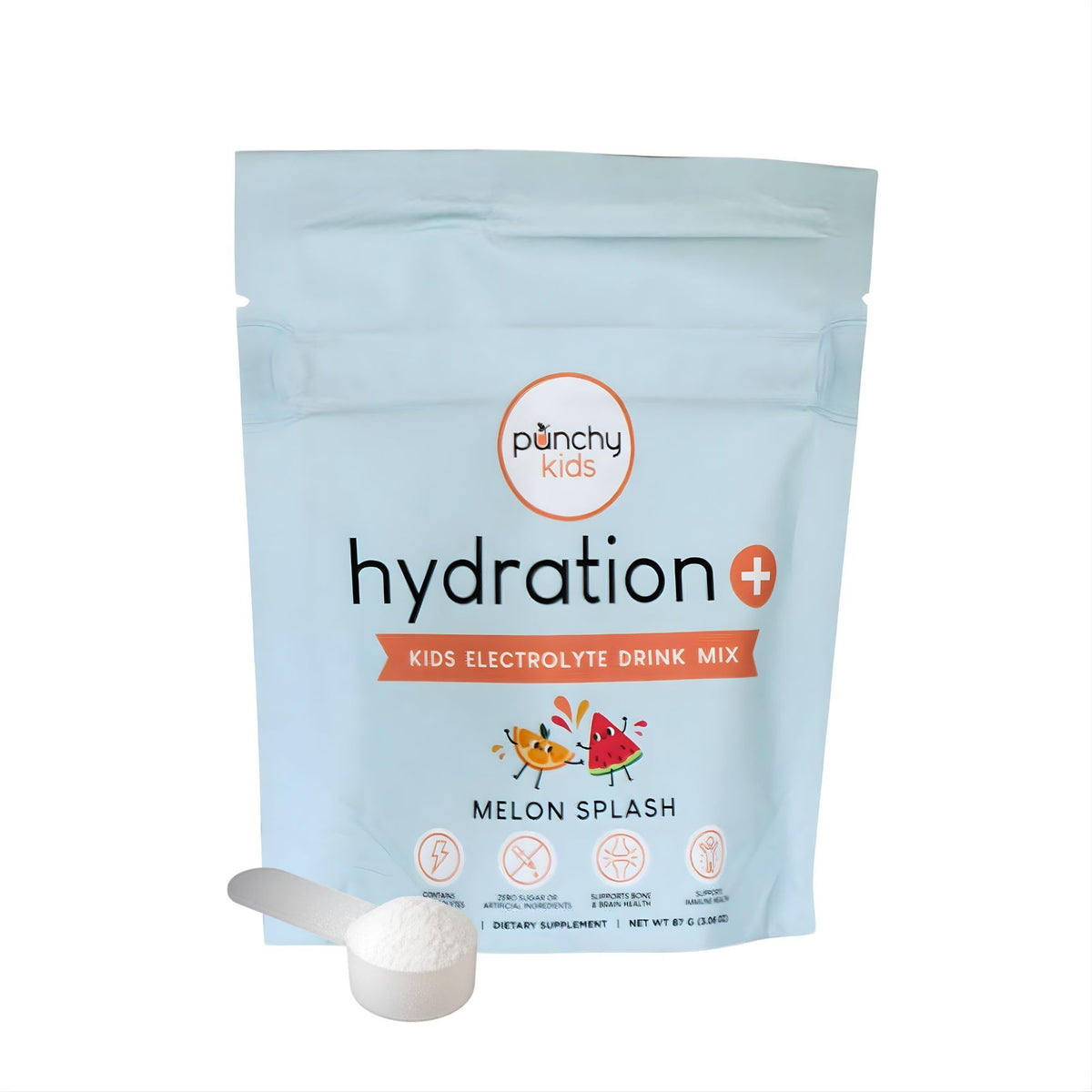 Punchy Kids Melon Splash hydration bottle front view showing zero sugar formula for kids