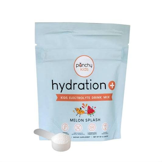 Punchy Kids Melon Splash hydration bottle front view showing zero sugar formula for kids