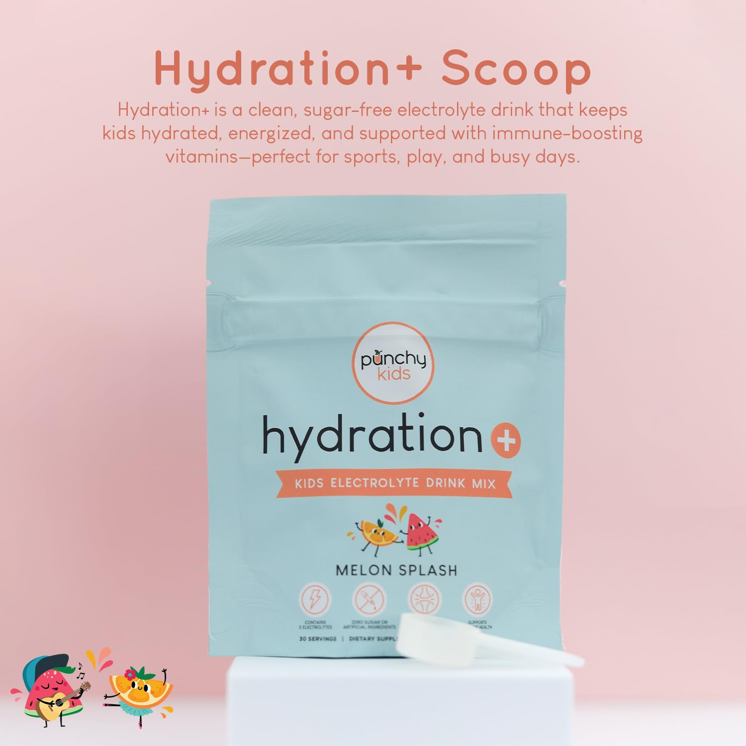 Punchy Kids Melon Splash scoop dissolving in water for on-the-go hydration