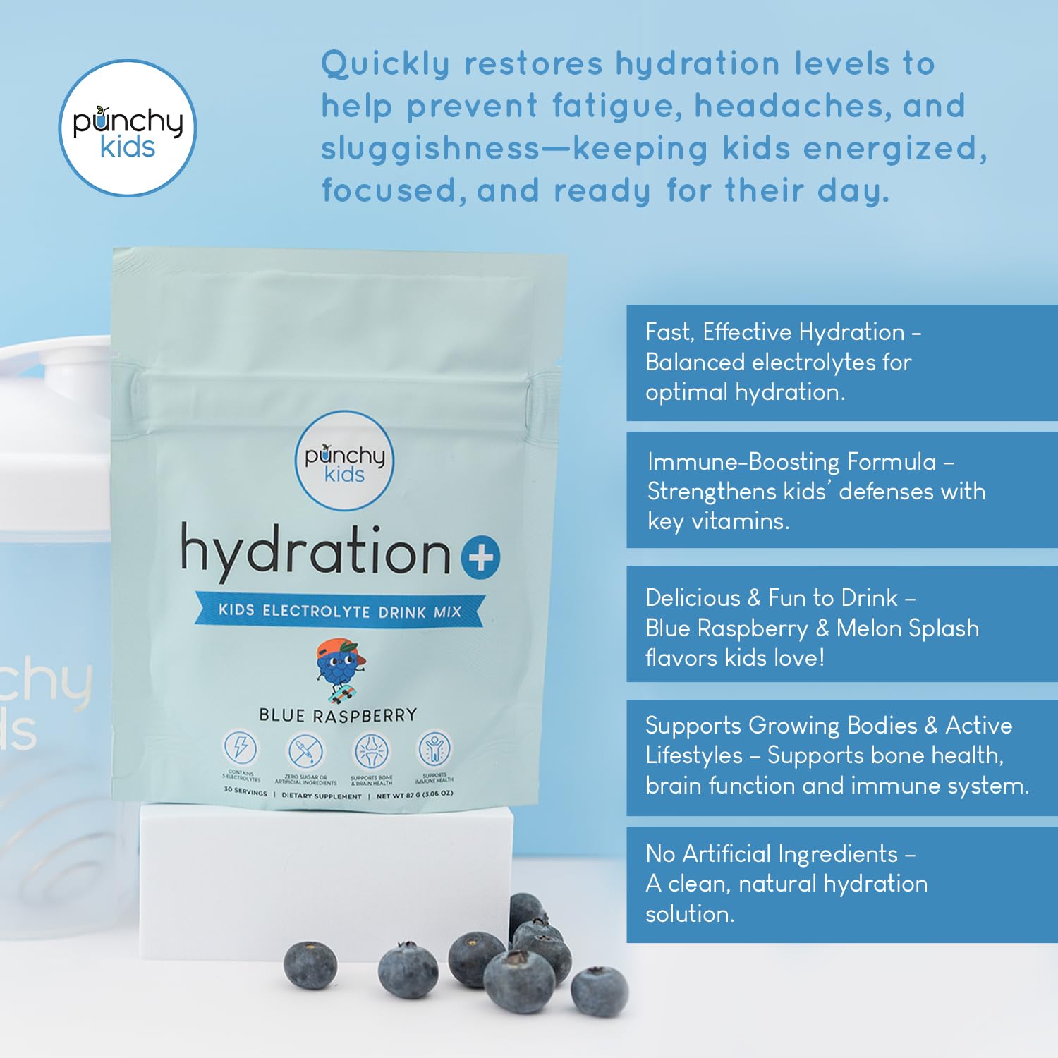 Punchy Kids Blue Raspberry flavor with organic natural flavors for kid-friendly hydration.