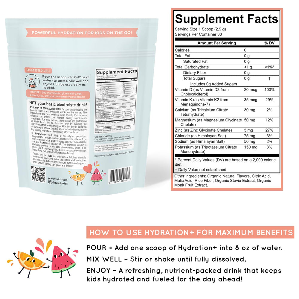 Zero sugar label on Punchy Kids Hydration+ packaging