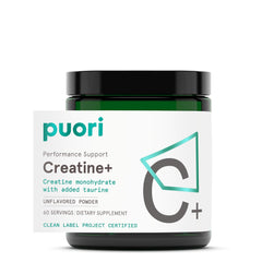 Puori Creatine Monohydrate powder tub close-up showing unflavored formula for workouts.