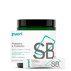 Puori SB3 bottle label shows 13B CFU and 4g fiber for gut support.