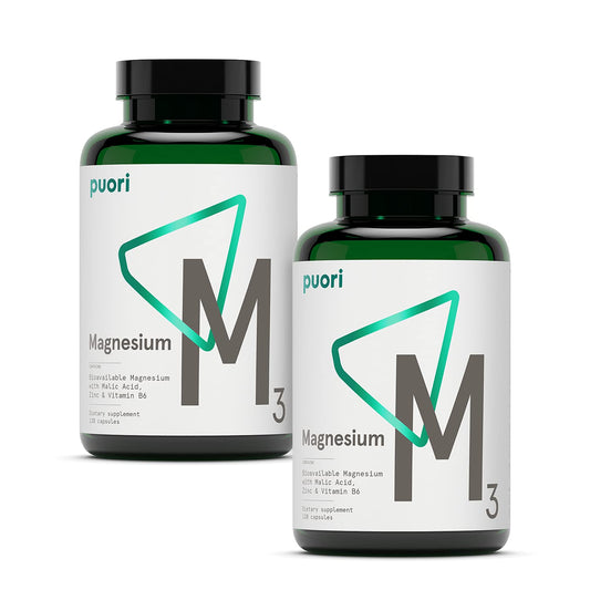 Puori M3 magnesium complex bottle front with vegan capsules for daily energy support.