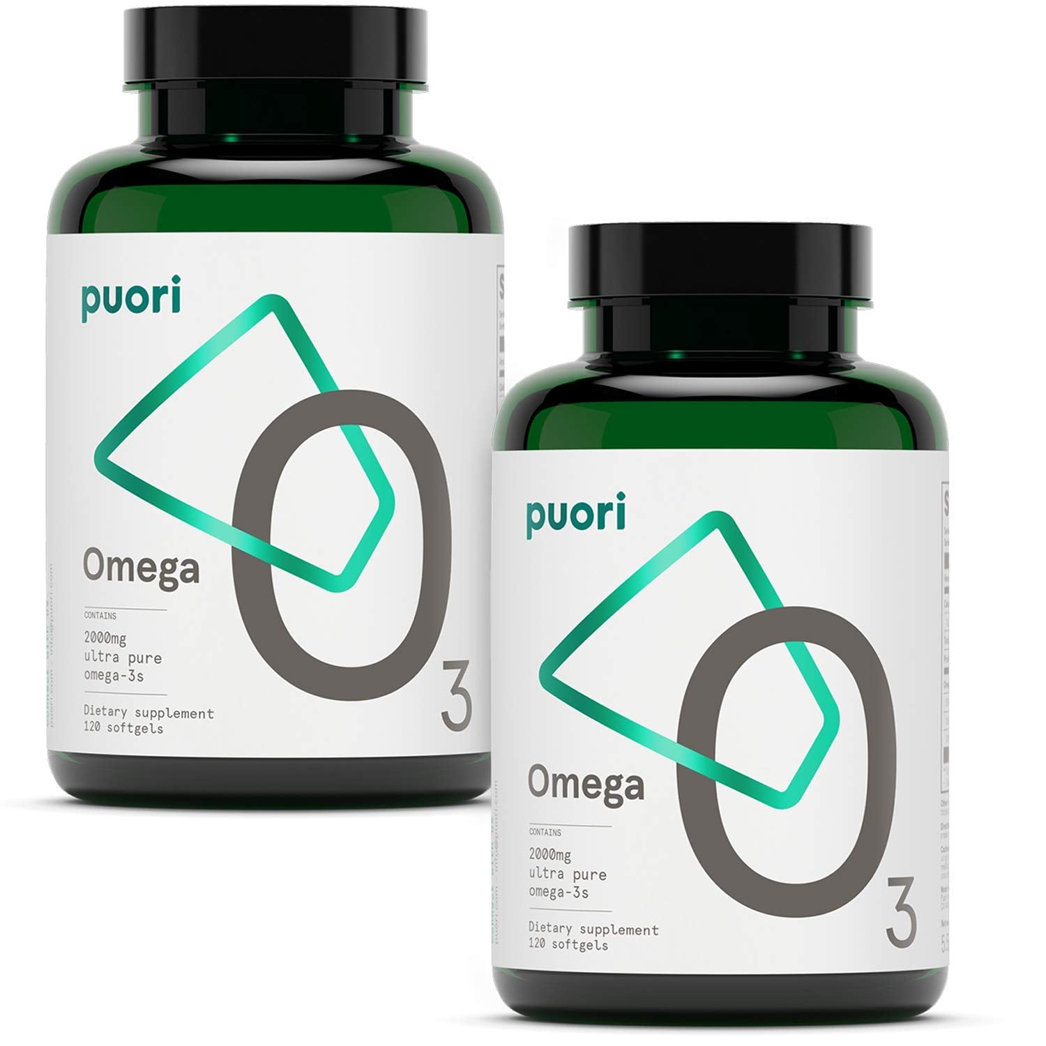 Puori Omega-3 bottle front view shows 2000 mg per serving for heart and brain support