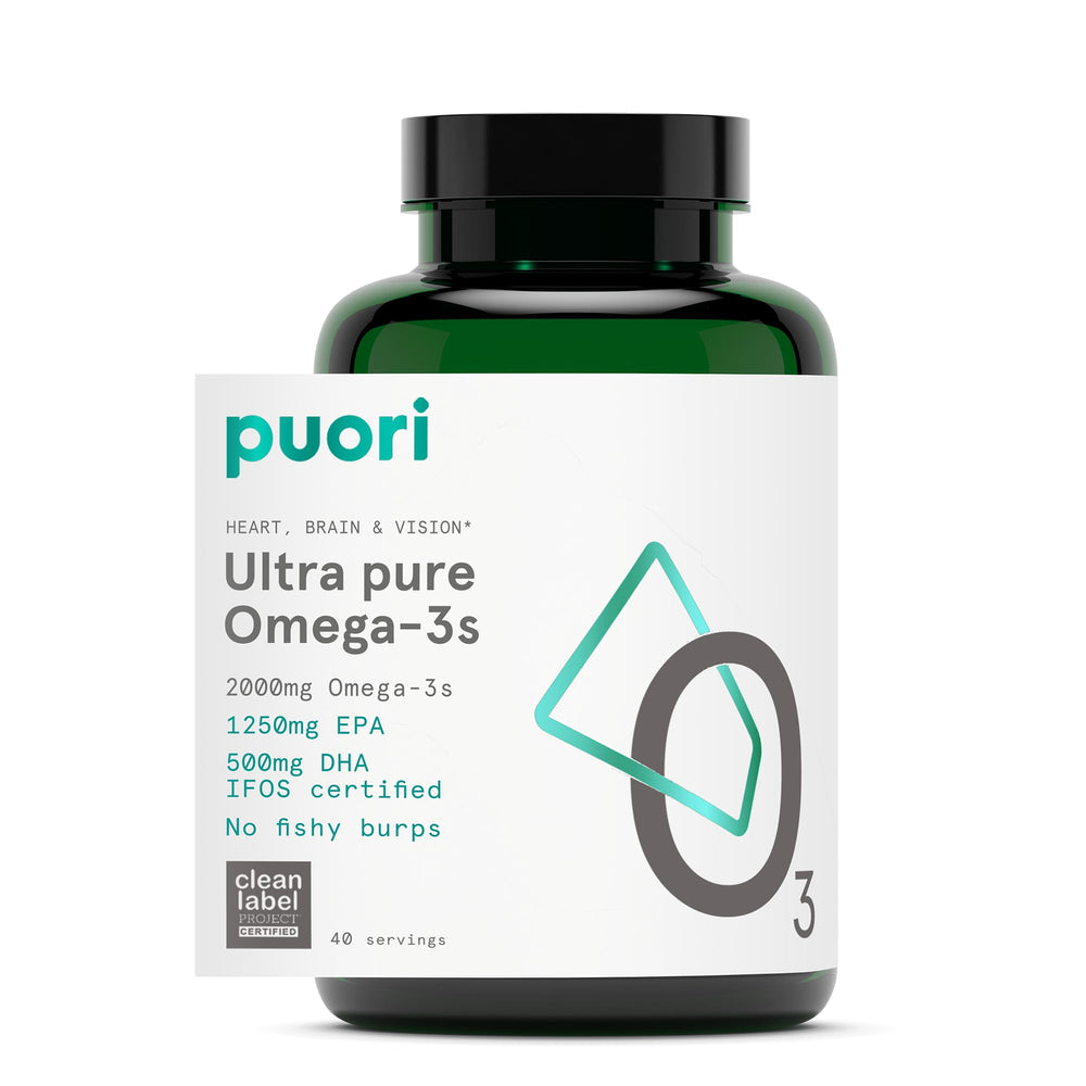 Puori Omega 3 softgel bottle, symbol of purity for daily heart, brain, and eye support.