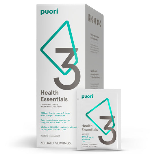 Puori P3 Health Essentials packaging showing the complete daily sachet routine