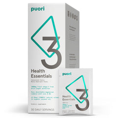 Puori P3 Health Essentials packaging showing the complete daily sachet routine