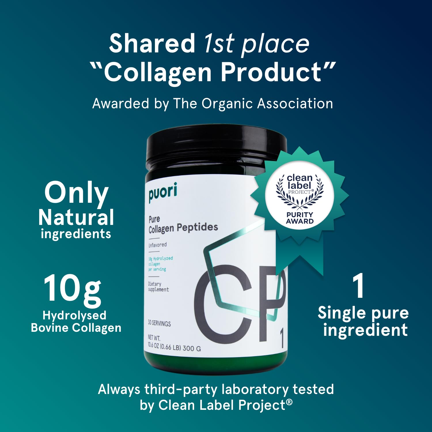 Puori Pure Collagen Peptides scoop highlighting high-protein serving for daily collagen intake.
