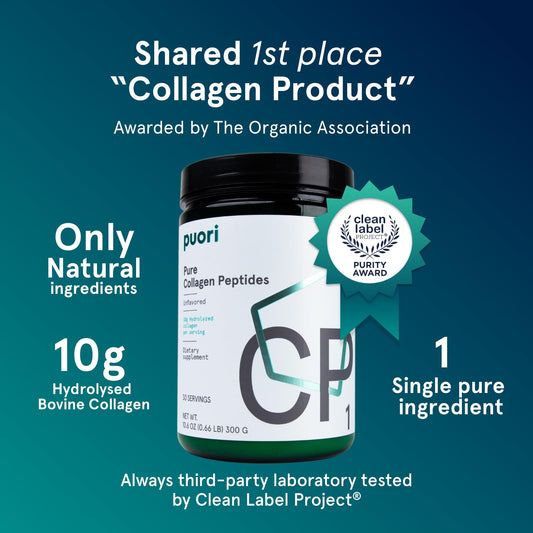 Puori Pure Collagen Peptides scoop highlighting high-protein serving for daily collagen intake.