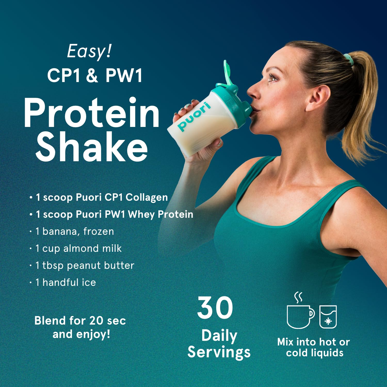 Puori Collagen Peptides blended into smoothie for convenient protein boost.