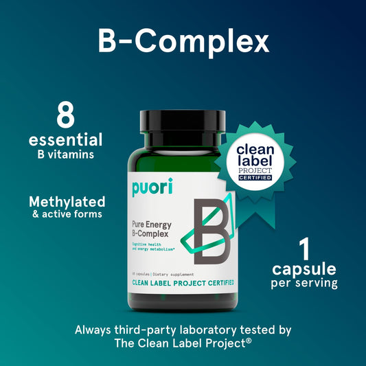 Close-up of Puori Pure Energy B-Complex capsules for easy daily use.