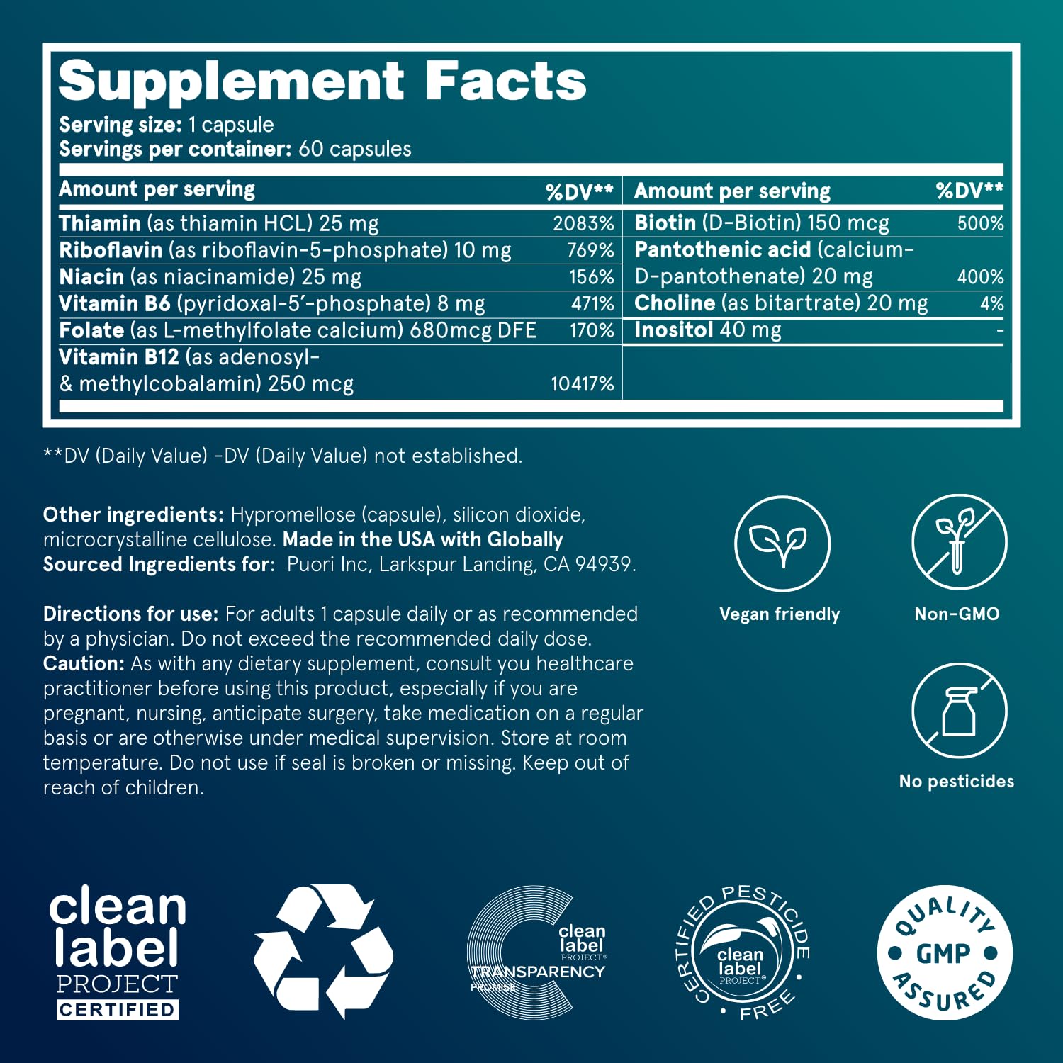 Puori Pure Energy B-Complex front label highlighting methylated vitamins.