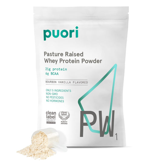 Puori PW1 bourbon vanilla whey protein bottle shows clean ingredients for post workout fuel