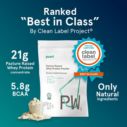 Puori PW1 Bourbon Vanilla scoop ready for a quick protein boost after training.