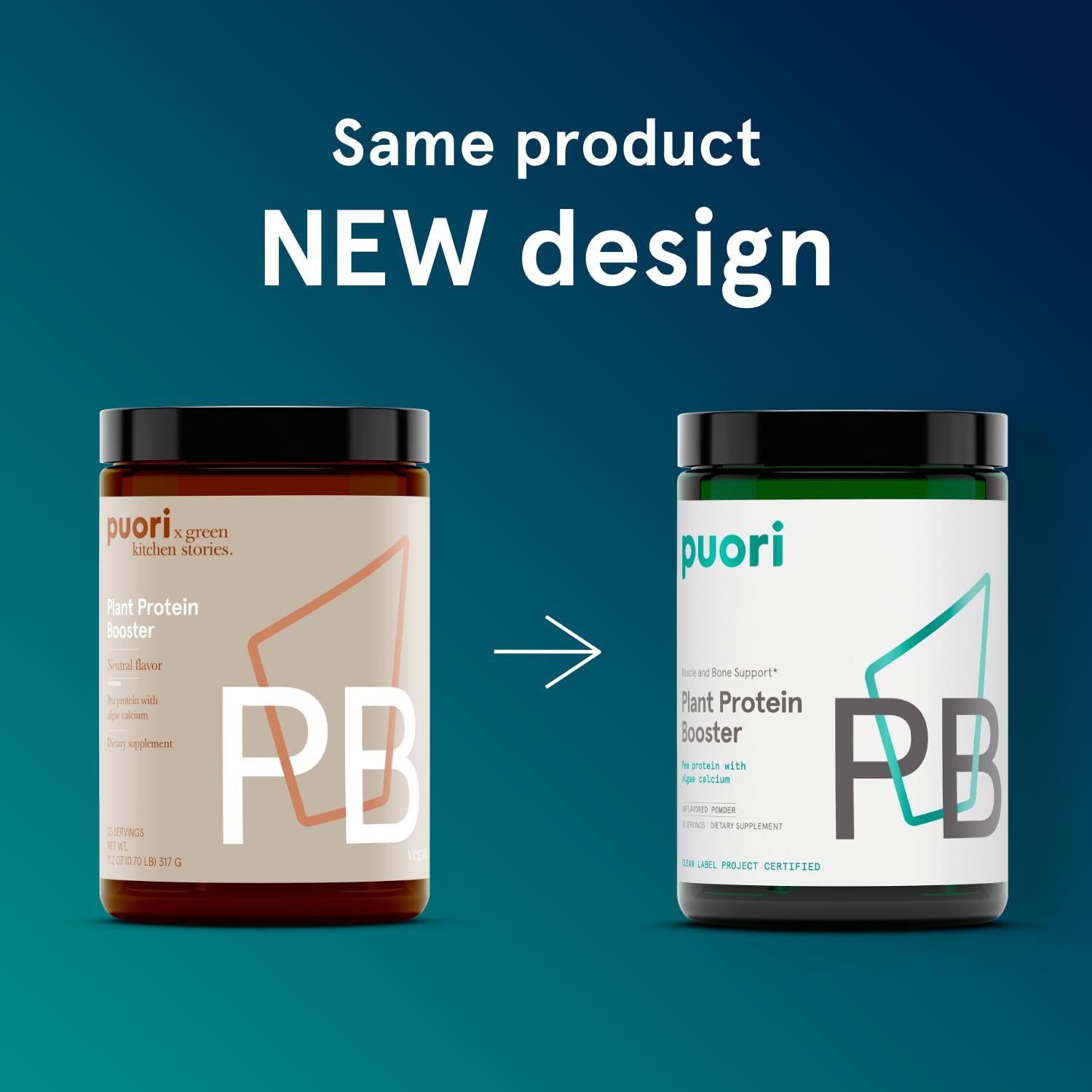 Puori vegan protein powder unflavored label shows pea protein with algae calcium.