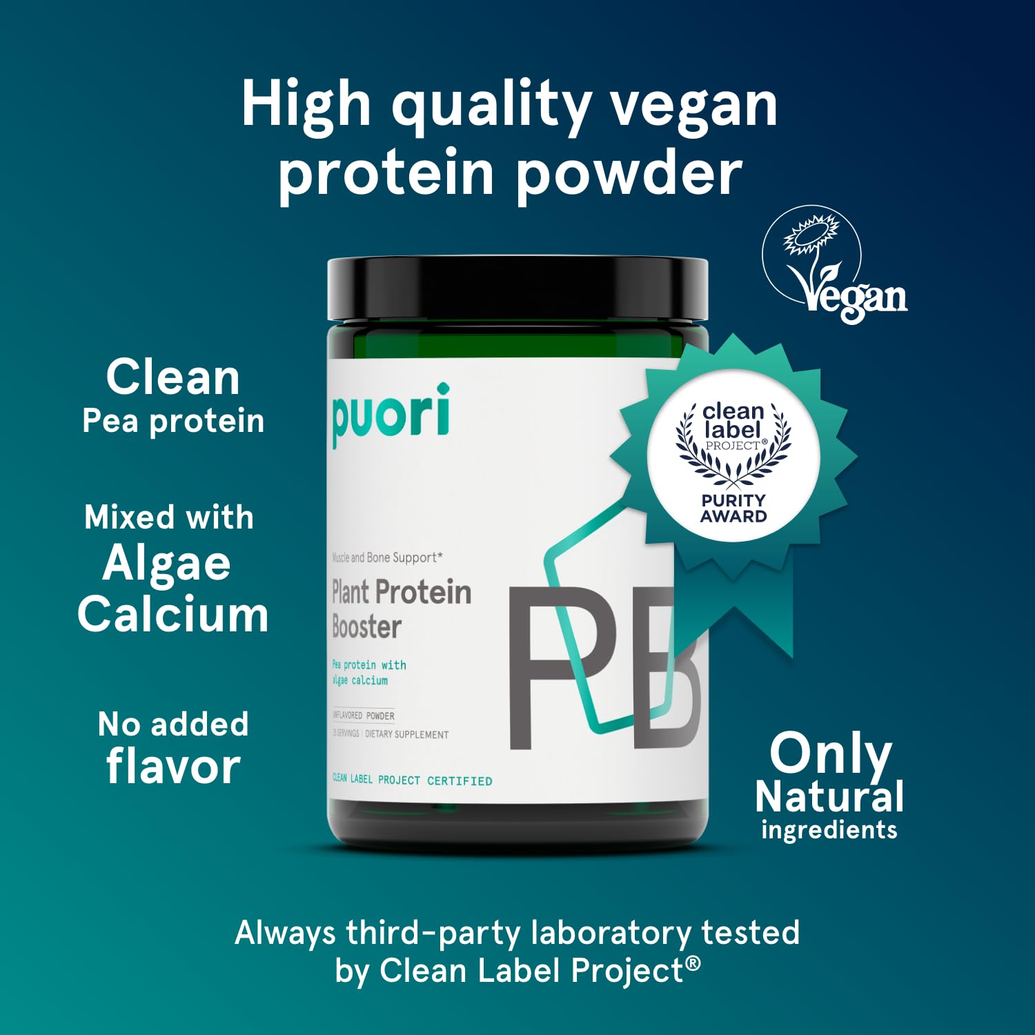 Puori vegan protein powder unflavored scoop—easy mixing for smoothies.