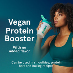 Puori vegan protein powder unflavored spoon with smoothie—daily protein support.