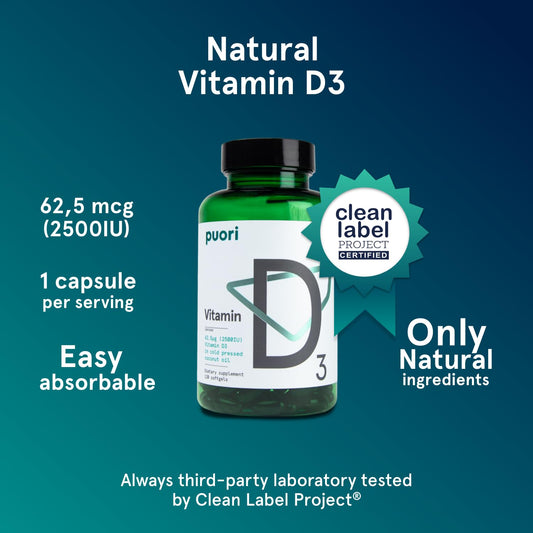 Puori Vitamin D3 Softgels ingredient coconut oil emphasizes enhanced absorption.