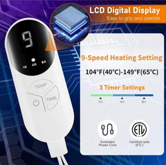 Pupdumm electric foot warmer mat timer options shown for 1, 4, and 8 hours