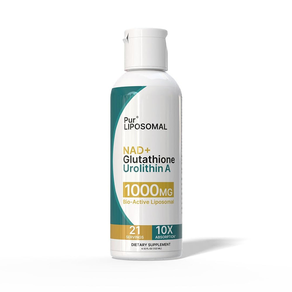 Pur LIPOSOMAL NAD+ Glutathione Urolithin A bottle shows premium all-in-one cellular support