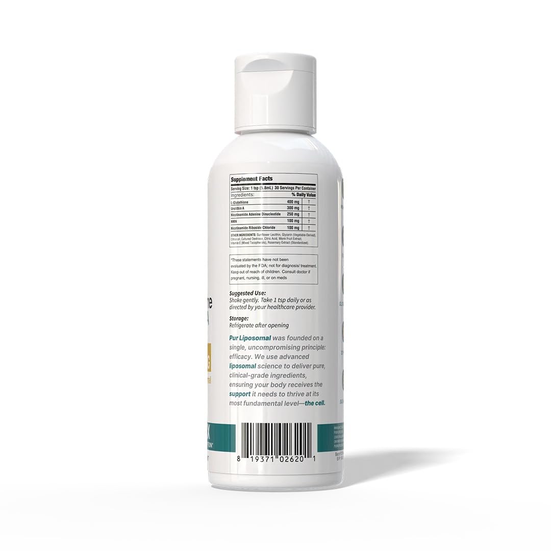 Pur LIPOSOMAL NAD+ Glutathione Urolithin A liposomal delivery graphic visual