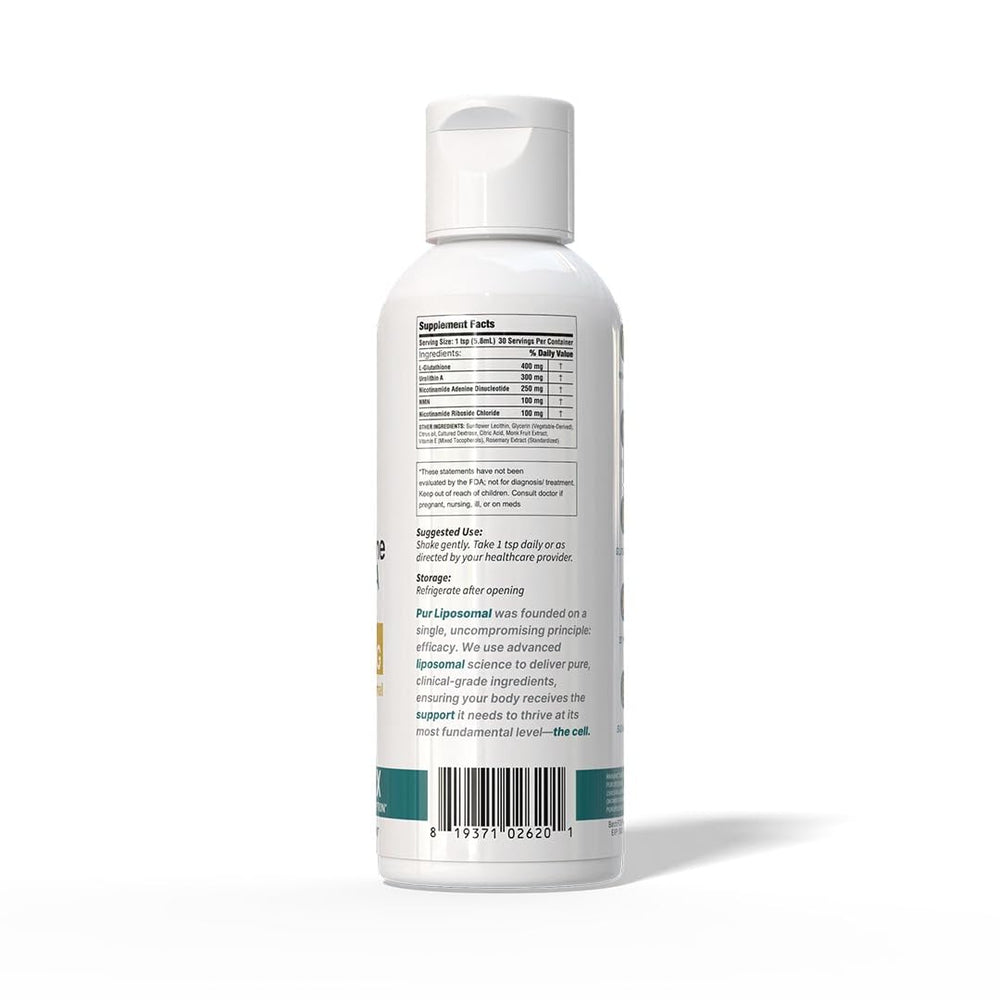 Pur LIPOSOMAL NAD+ Glutathione Urolithin A liposomal delivery graphic visual