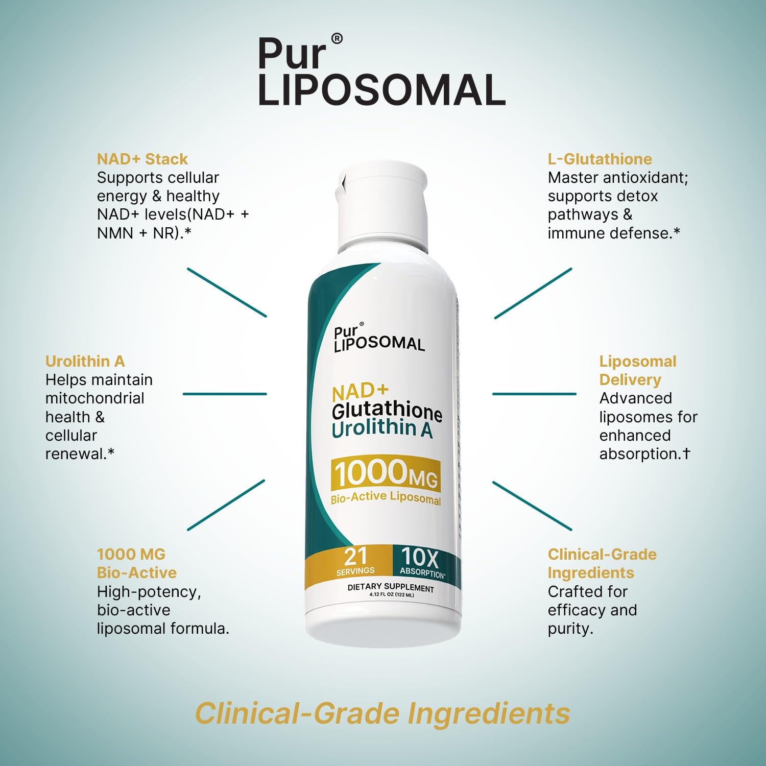 Pur LIPOSOMAL NAD+ Glutathione Urolithin A liquid drops for easy dosing