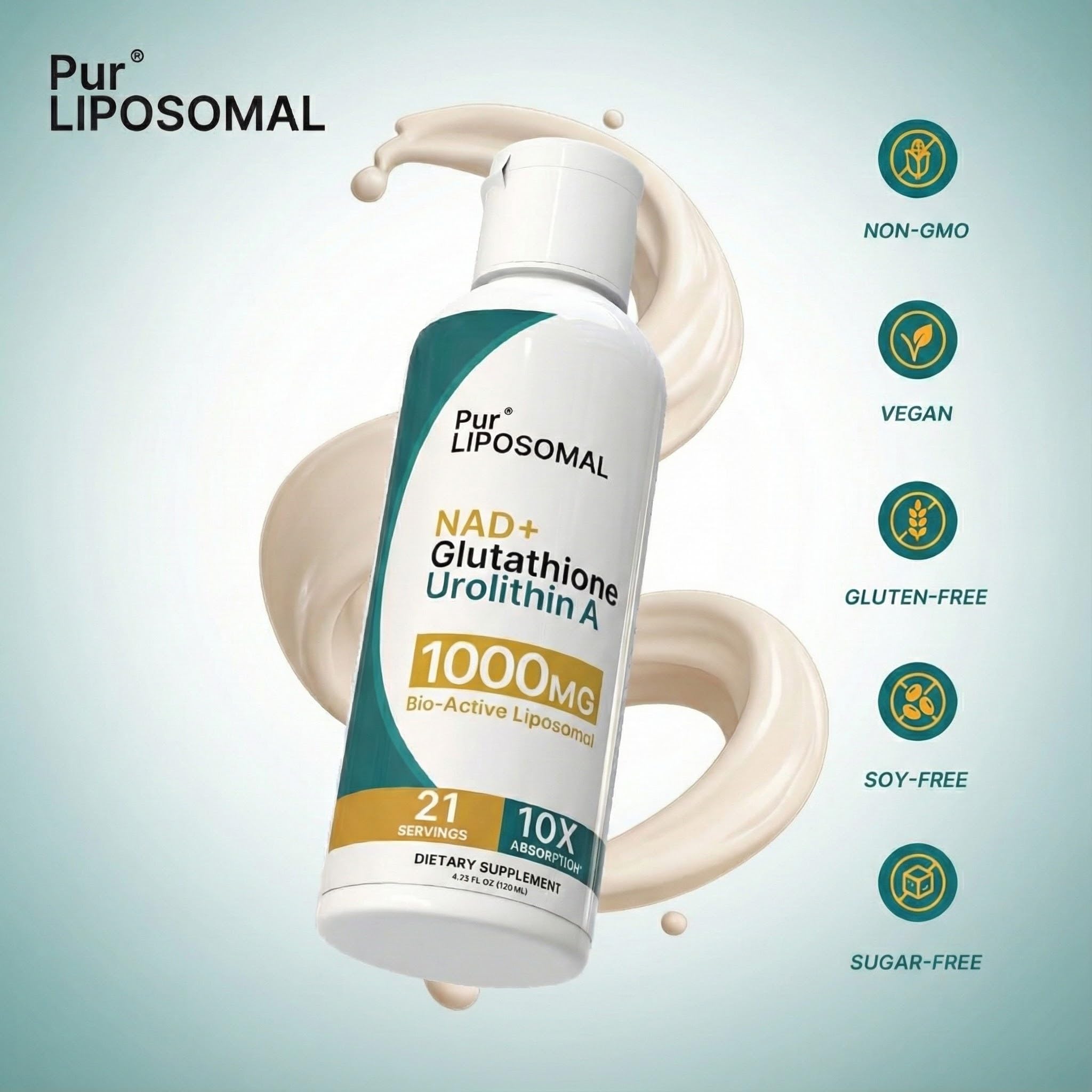 Pur LIPOSOMAL NAD+ Glutathione Urolithin A serving spoon for daily intake